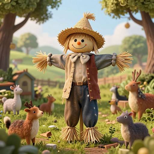 Whimsical Scarecrow with Woodland Friends