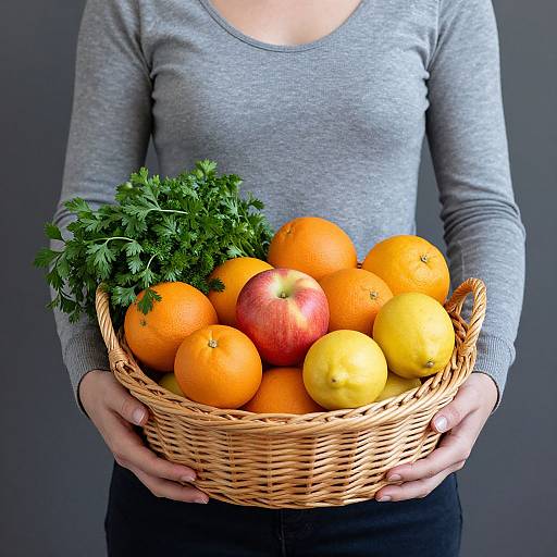 Woman with Vibrant Fruit Basket