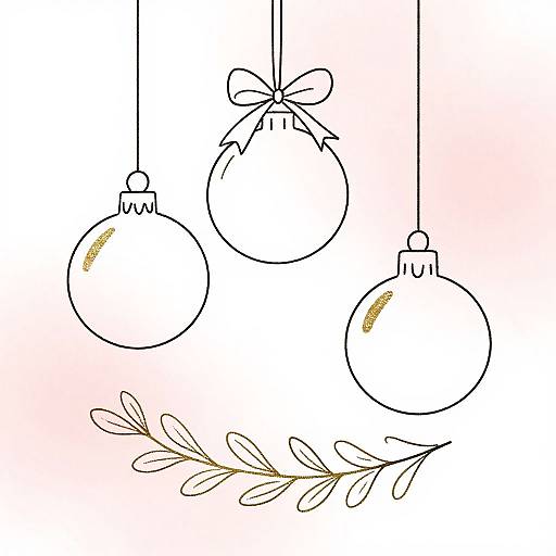 Minimalist line drawing of three hanging Christmas ornaments with gold accents and a small bow, above a simple pine branch.