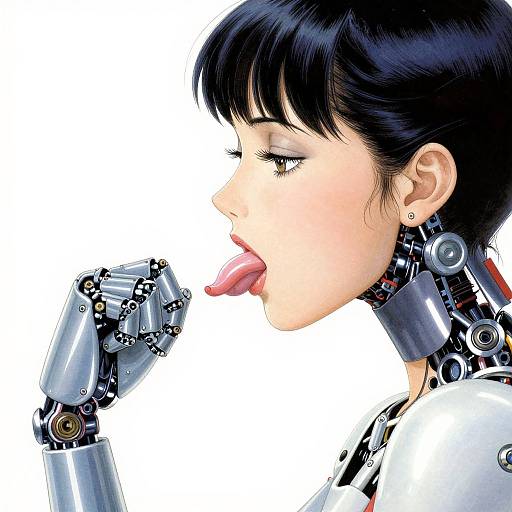Digital art of a woman with black hair, cybernetic arm, and mechanical neck, licking her cybernetic finger, white background.