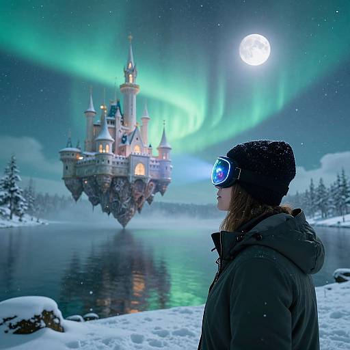 Photograph of a woman in winter coat and headphones, gazing at a magical floating castle under green Northern Lights and full moon. Snowy lake and