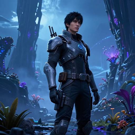 Digital CGI image of a muscular, dark-haired man in futuristic black armor with blue emblem, standing in a glowing, alien forest.