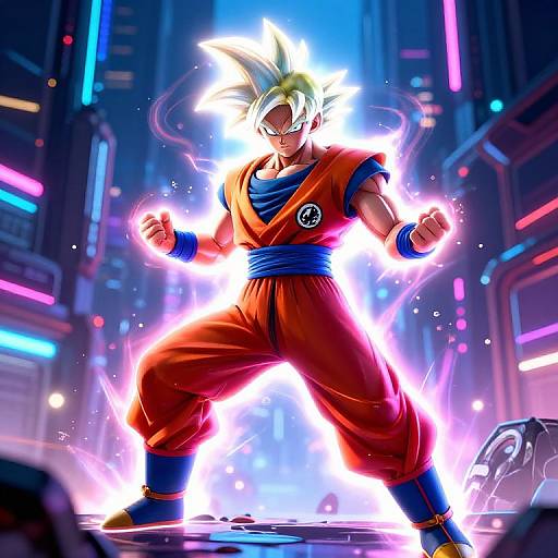 Digital artwork of Super Saiyan Goku, in orange and blue martial arts outfit, glowing with electricity, standing in a neon-lit cityscape.