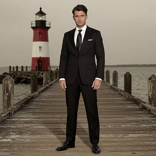 Photograph of a serious, handsome man in a black suit, white shirt, and black tie standing on a wooden pier, with a red and white