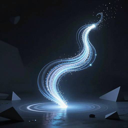 Digital artwork of a glowing, blue, swirling light trail rising from a circular pool, set against a dark, abstract background with geometric shapes.