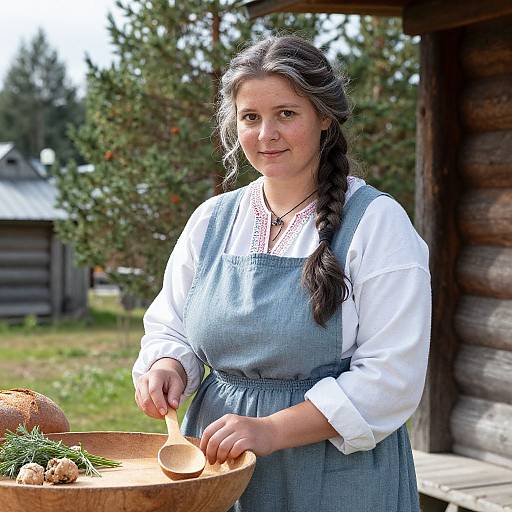 Photograph of a smiling young woman with long brown hair in a braid, wearing a blue pinafore over a white blouse, carving a wooden