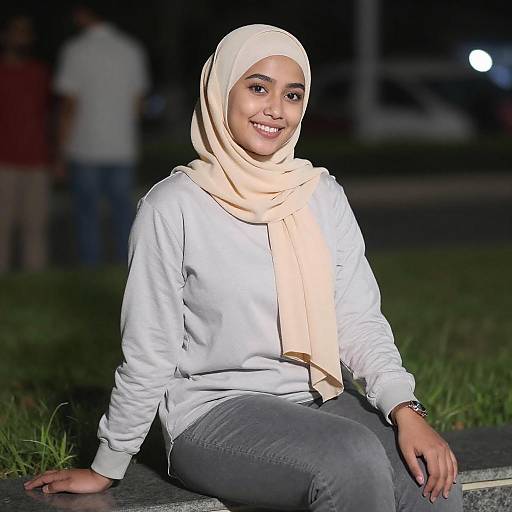 Photograph of a smiling young woman with light brown skin, wearing a beige hijab, white long-sleeve shirt, and gray pants, seated