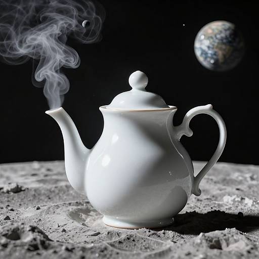 Photograph of a white ceramic teapot with steam, on a textured lunar surface, with Earth in the dark background.