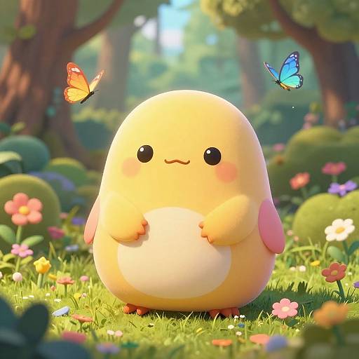 Cute CGI illustration of a chubby, yellow, round creature with pink ears and paws, standing in a vibrant, sunny forest with colorful flowers and