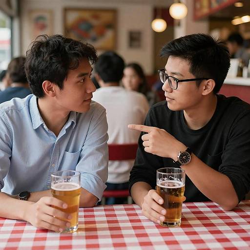 Men Engaged in Conversation at Restaurant