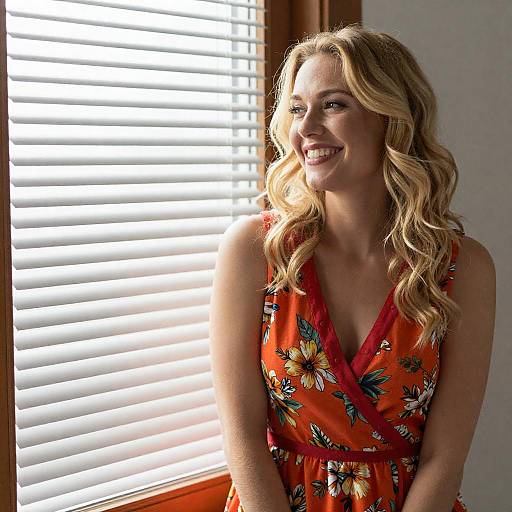 Smiling Blonde in Orange Floral Dress