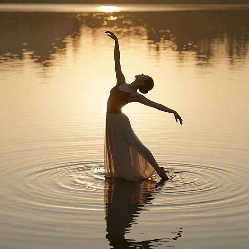 Silhouetted dancer in flowing dress, arms gracefully raised, standing in calm water at sunset, ripples spreading around her. Photograph.