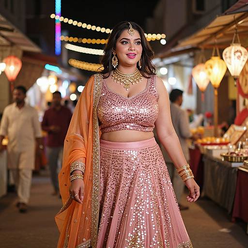 Photograph of a curvy South Asian woman in a pink, sequined traditional outfit with a gold necklace, earrings, and orange shawl, walking