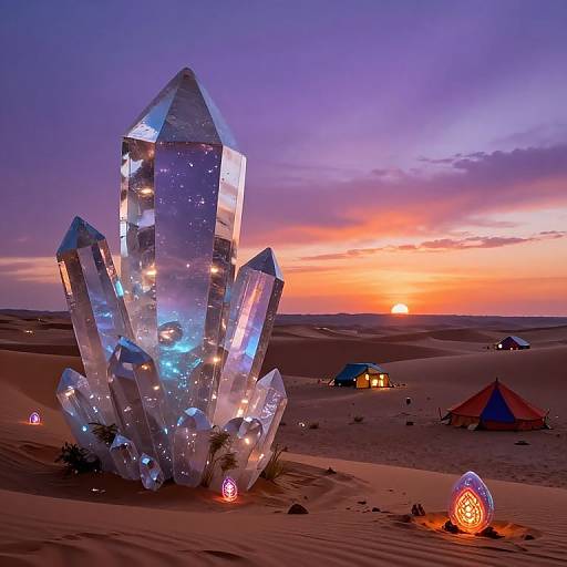 Photograph of a glowing, crystalline structure in a desert at sunset, surrounded by colorful tents and glowing orbs, under a vivid purple and orange sky