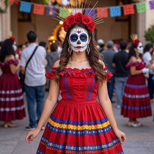 Photograph of a woman in a vibrant red, embroidered Day of the Dead dress, white face paint with black and red details, and a red flower