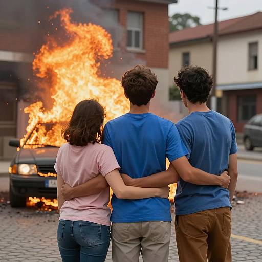 Dramatic Scene of Friendship Amidst Fire