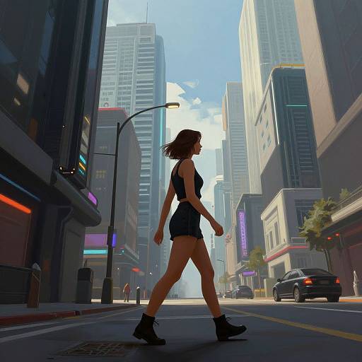 Digital artwork of a woman in a black tank top and shorts, walking through a sunny, futuristic city street with tall skyscrapers and neon lights.