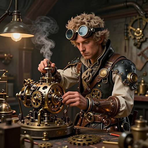 Steampunk inventor with curly blonde hair, goggles, and brass arm, repairs intricate clockwork machine under warm lamp, surrounded by gears.