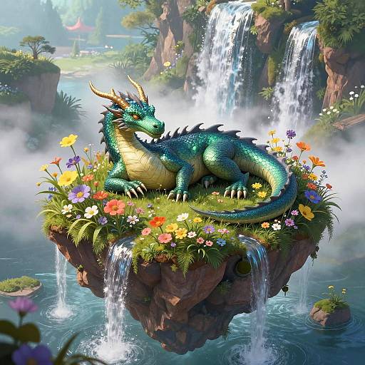 Digital art of a vibrant green, dragon with blue scales lounging on a floating island of flowers, surrounded by cascading waterfalls in a lush,