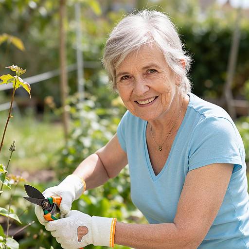 Photograph of an elderly woman with short gray hair, wearing a light blue shirt and white gardening gloves, smiling while pruning a plant in a sunny,