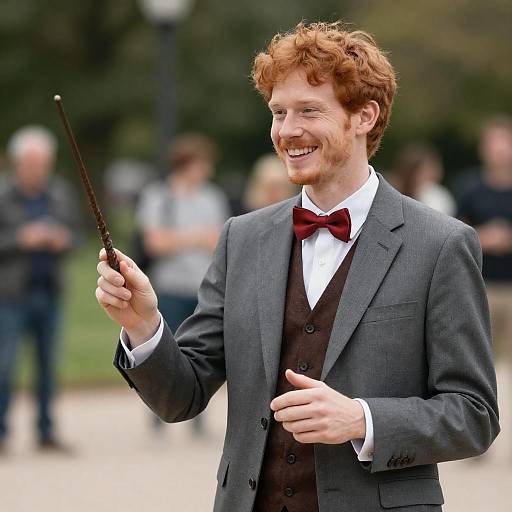 Cheerful Man in Gray Suit Outdoors