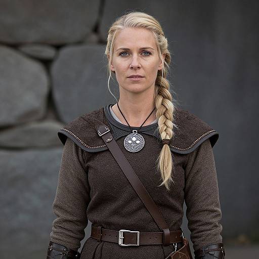 Photograph of a blonde woman with a braid, wearing a dark medieval-style tunic with a brooch, belt, and strap, standing against