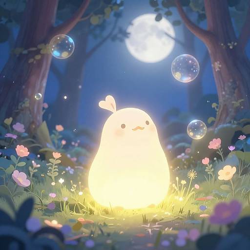 Whimsical digital illustration of a glowing, heart-eyed ghost standing in a moonlit forest, surrounded by floating bubbles and colorful flowers.