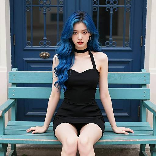 Blue-Haired Muse at Ornate Doors