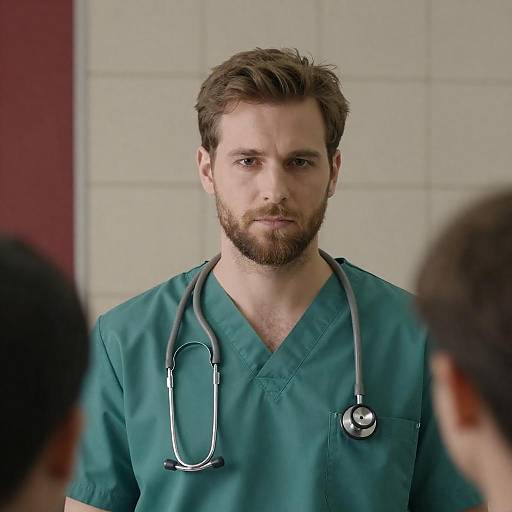 Serious Male Doctor in Scrubs Portrait