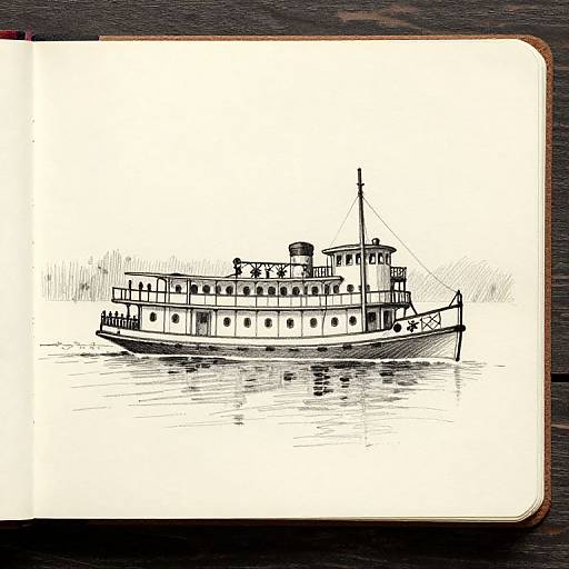 Black ink sketch of a vintage-style riverboat with multiple windows, a central mast, and calm water reflections on white paper.