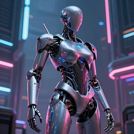 CGI image of a sleek, silver, humanoid robot with glowing blue accents, standing in a neon-lit futuristic cityscape.