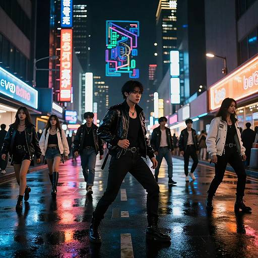 Photograph of a neon-lit city street at night, featuring a group of stylish individuals in wet, reflective leather jackets, walking under vibrant, colorful