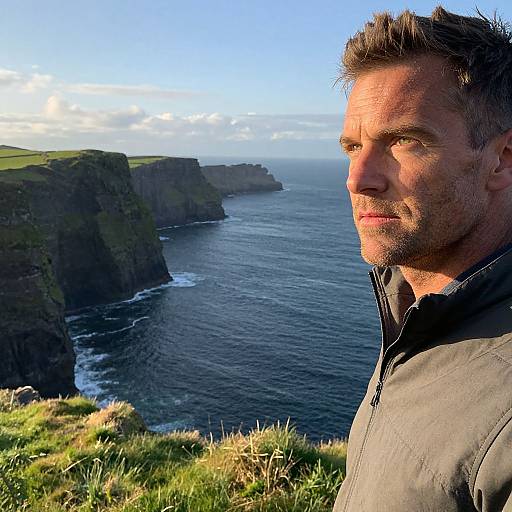 Photograph of a serious, middle-aged man with short brown hair, wearing a black jacket, standing on a grassy cliff overlooking a vast, blue