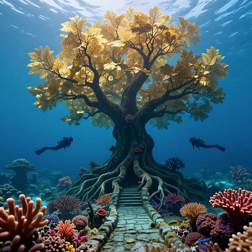 Photograph of an underwater scene with a glowing, golden-leaved tree, surrounded by colorful coral reefs, and two silhouetted fish. Sun