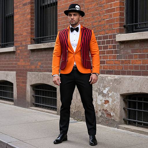Photograph of a man in an orange and black striped tuxedo, black bow tie, black hat with skull, standing on a city sidewalk against