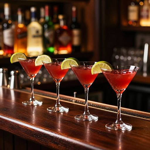 Photograph of four martini glasses with vibrant red cocktails, each garnished with a lime wedge, on a dark wooden bar counter, with blurred liquor