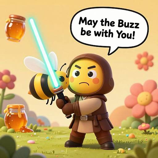 Cartoon character with brown hood, Jedi-like outfit, holding glowing blue lightsaber, threatening a bee with speech bubble: 