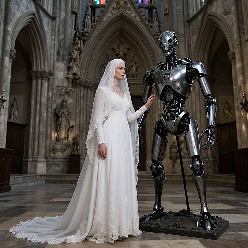 Photograph of a white-robed bride in a cathedral, gently touching a silver humanoid robot with intricate mechanical details. Gothic architecture in background.
