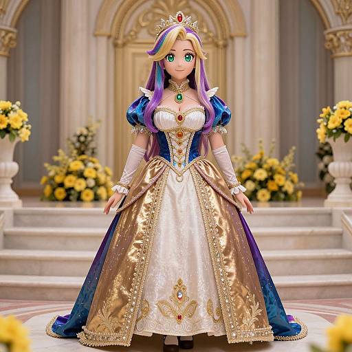 Digital anime princess with long purple and blonde hair, green eyes, wearing a gold and blue ornate gown, tiara, and necklace, in an