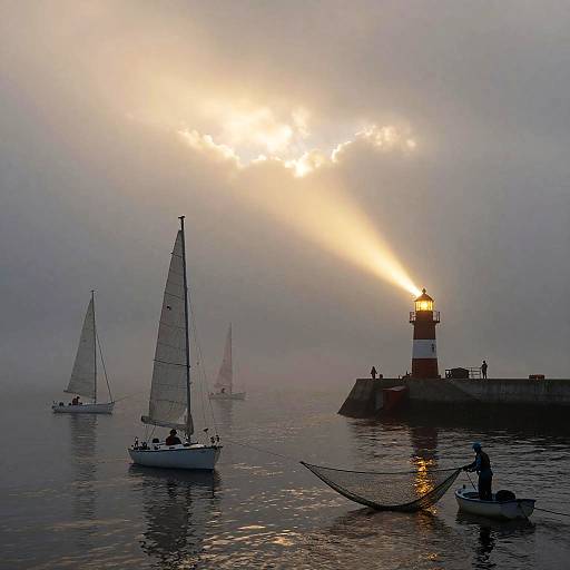 Misty Harbor at Dawn with Sailboats