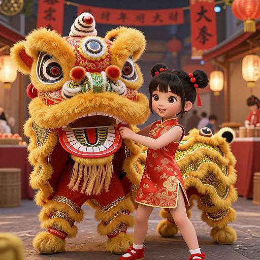 Photograph of a young Asian girl in a red cheongsam, holding a golden lion dance costume with vibrant red and gold details, in a festive