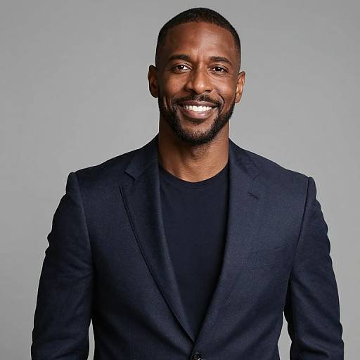 Photograph of a smiling Black man with a short beard, wearing a dark blue blazer over a black shirt, against a plain gray background.
