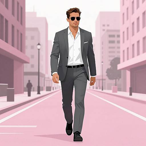 Digital illustration of a suave, brown-haired man in a gray suit, white shirt, and black shoes walking confidently down a pink-hued, urban
