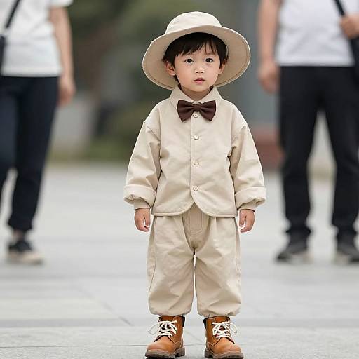 Boy in Beige Outfit with Hat