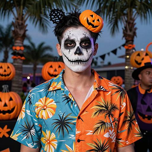 Photograph of a man in vibrant Halloween costume, face painted like a sugar skull, wearing split-patterned orange and blue shirt, with pumpkins on