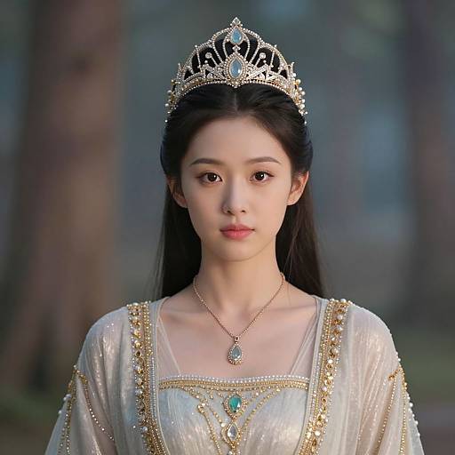 Photograph of an Asian woman with long black hair, wearing a gold tiara, intricate white and gold gown, and turquoise necklace, against a forest
