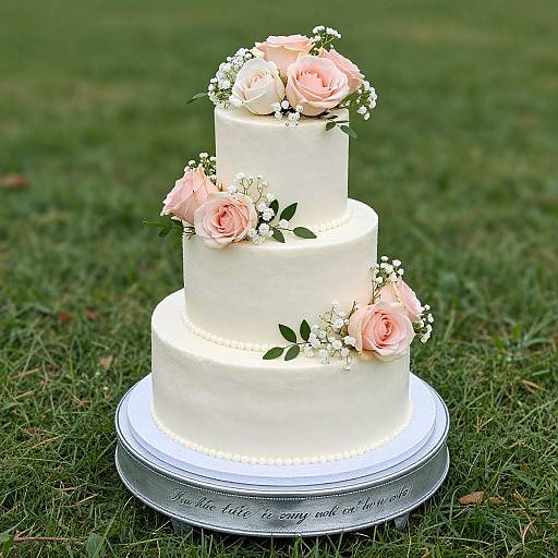 Photograph of a three-tiered white wedding cake adorned with pink roses and small white flowers, set on a grassy lawn.