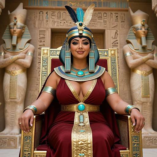 Photorealistic digital image of a curvy, dark-skinned woman with large breasts, wearing an Egyptian queen's headdress and deep red dress,
