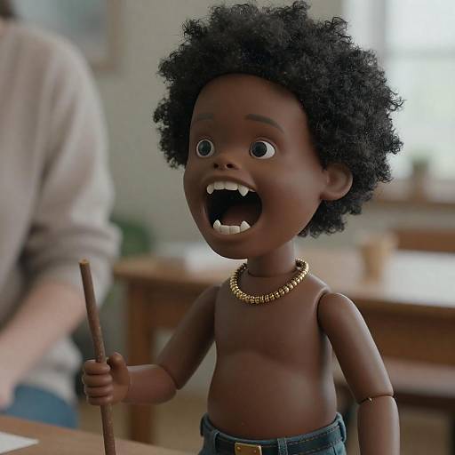 Dark-Skinned Humanoid Doll with Sharp Teeth and Gold Necklace