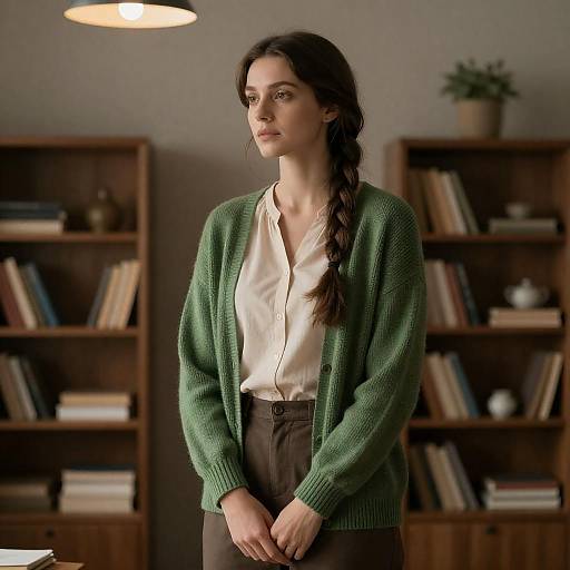 Woman in Green Cardigan Standing Indoors